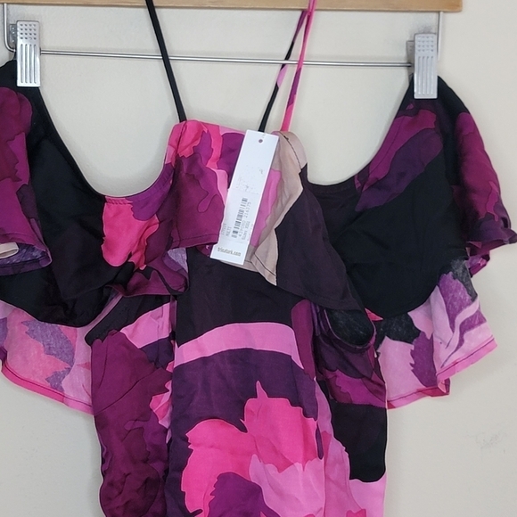 NWT Trina Turk | Pink Purple Black Print Cold Shoulder Floral Blouse Size XS - Picture 3 of 7